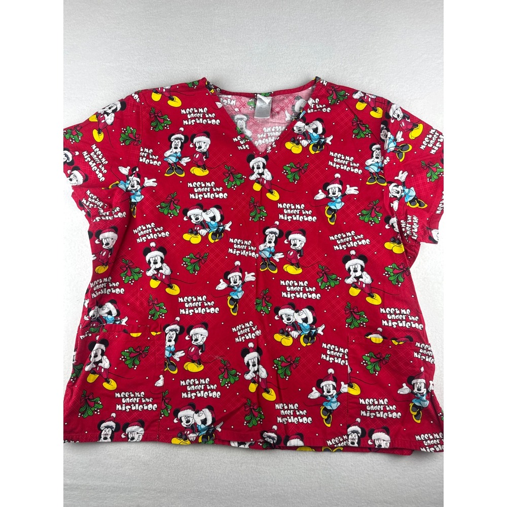 Disney Mickey Minnie Mouse Christmas Scrub Top Red V-Neck Plus 3X Mistletoe